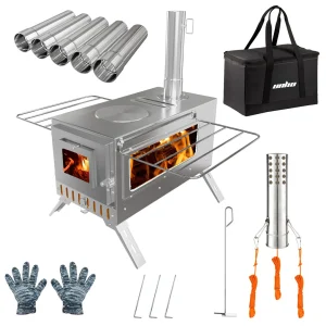 Hot Tent Stove, Portable Wood Stove with 6 Stainless Chimney Pipes for Outdoor Heating & Cooking