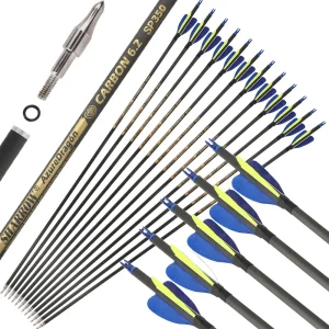 Carbon Archery Arrows 32 Inch Spine 500 6.2mm Inner Diameter 2 Inch Feather Vanes for Outdoor Bow Sports Training
